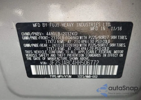 2017 Subaru Forester 2.5I z USA, uszkodzony, nr VIN JF2SJABC4HH506772